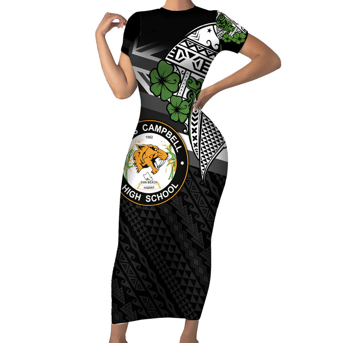 Hawaii James Campbell High School Short Sleeve Bodycon Dress Kakau Pattern Black Version LT03 Long Dress Black - Polynesian Pride
