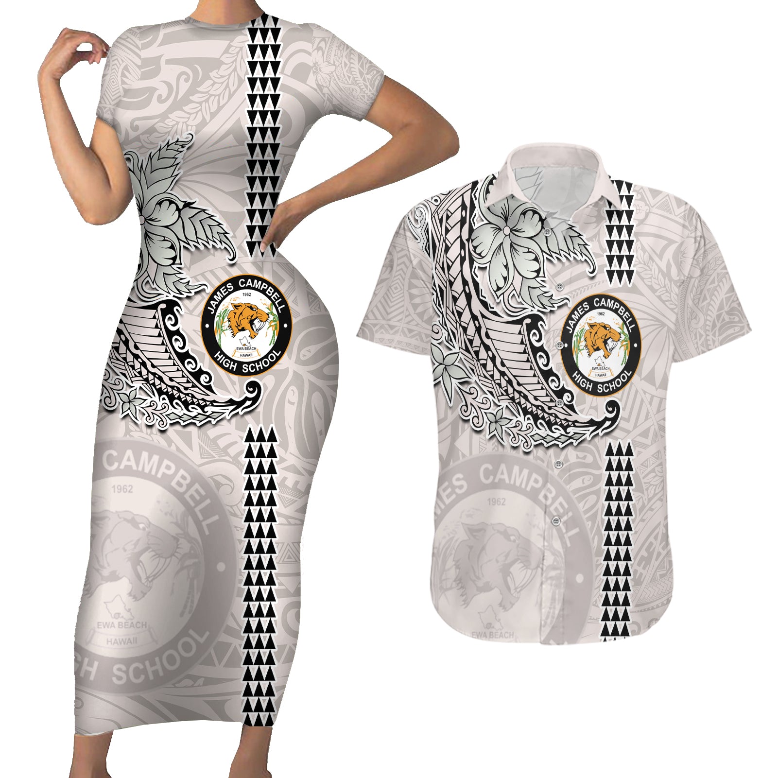 Custom Hawaii James Campbell High School Couples Matching Short Sleeve Bodycon Dress and Hawaiian Shirt Tribal Kakau Pattern LT03 White - Polynesian Pride