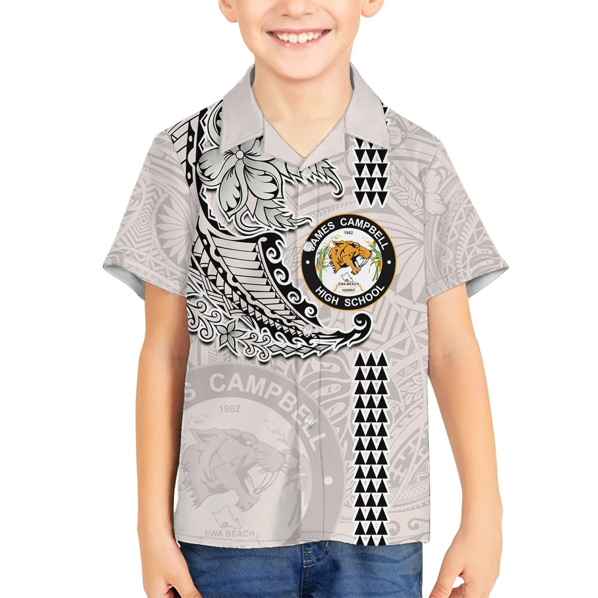 Custom Hawaii James Campbell High School Family Matching Puletasi Dress and Hawaiian Shirt Tribal Kakau Pattern LT03 Son's Shirt White - Polynesian Pride