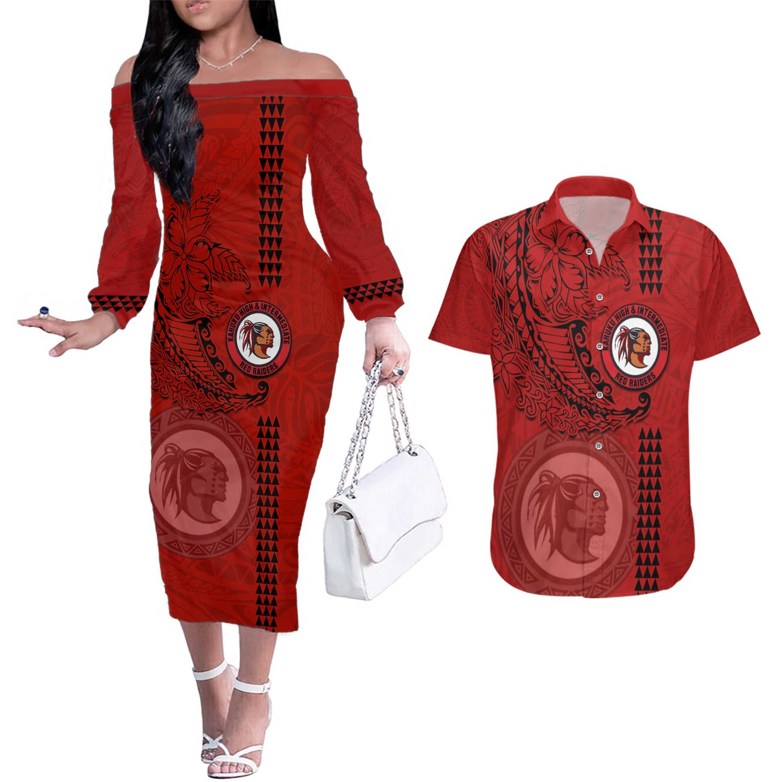 Hawaii Kahuku High & Intermediate School Couples Matching Off The Shoulder Long Sleeve Dress and Hawaiian Shirt Tribal Kakau Pattern LT03 Red - Polynesian Pride