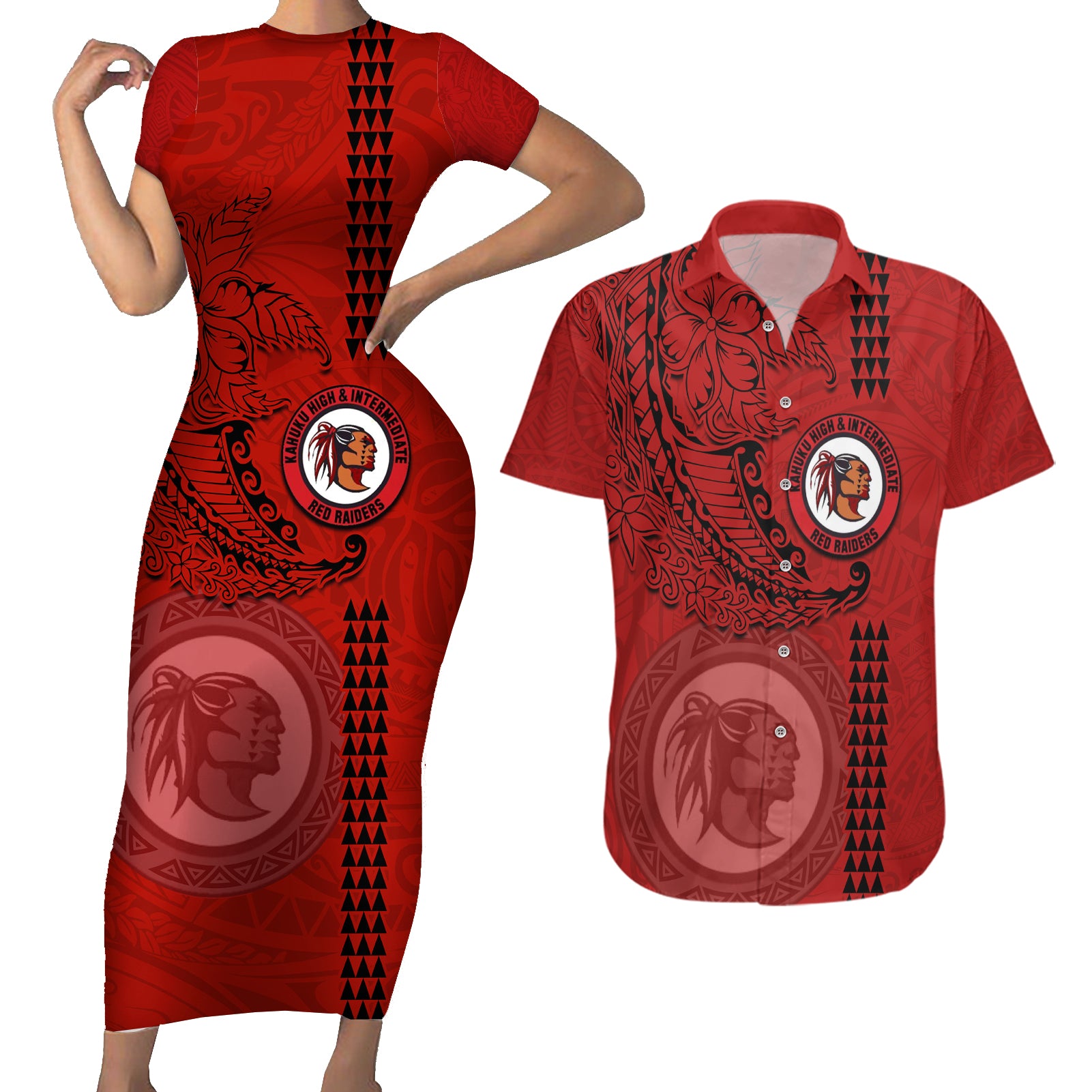 Hawaii Kahuku High & Intermediate School Couples Matching Short Sleeve Bodycon Dress and Hawaiian Shirt Tribal Kakau Pattern LT03 Red - Polynesian Pride