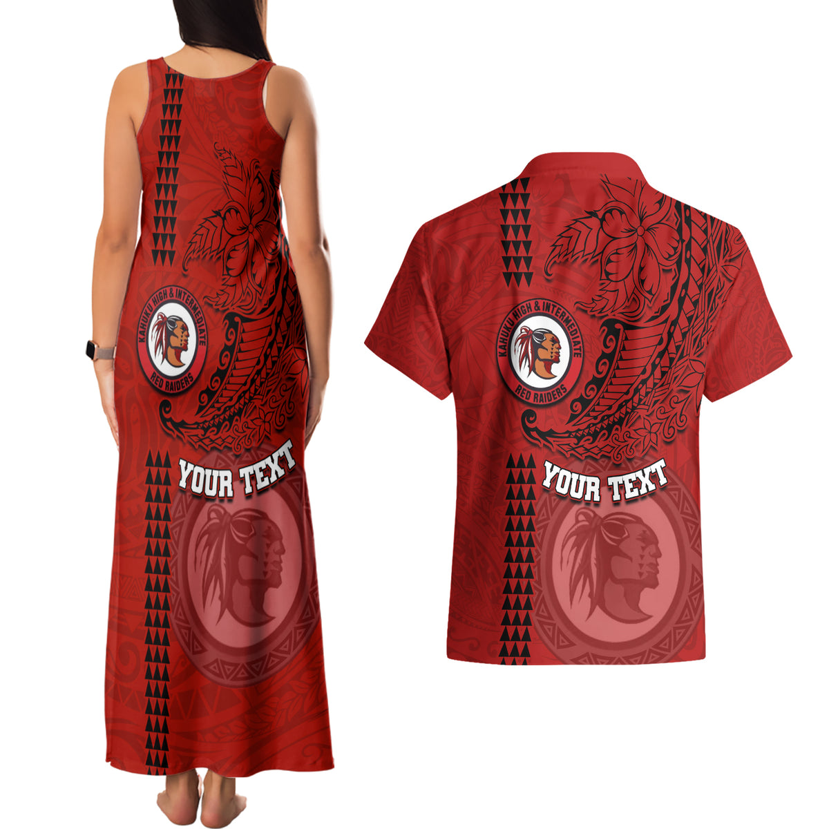 Hawaii Kahuku High & Intermediate School Couples Matching Tank Maxi Dress and Hawaiian Shirt Tribal Kakau Pattern LT03 - Polynesian Pride