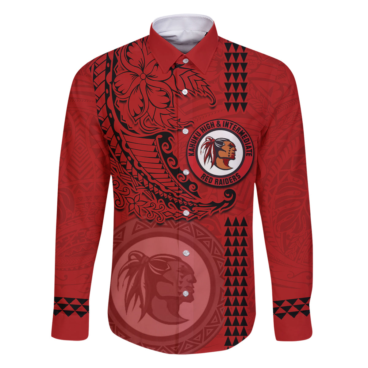 Hawaii Kahuku High & Intermediate School Family Matching Off Shoulder Long Sleeve Dress and Hawaiian Shirt Tribal Kakau Pattern LT03 Dad's Shirt - Long Sleeve Red - Polynesian Pride