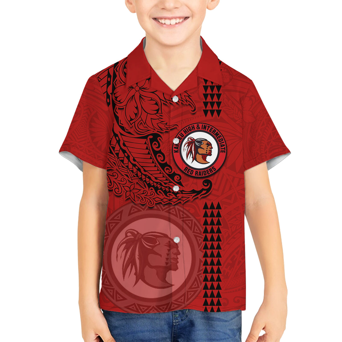 Hawaii Kahuku High & Intermediate School Family Matching Off Shoulder Long Sleeve Dress and Hawaiian Shirt Tribal Kakau Pattern LT03 Son's Shirt Red - Polynesian Pride