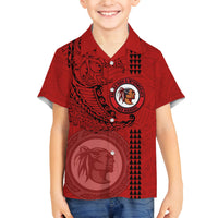 Hawaii Kahuku High & Intermediate School Family Matching Off Shoulder Long Sleeve Dress and Hawaiian Shirt Tribal Kakau Pattern LT03 Son's Shirt Red - Polynesian Pride