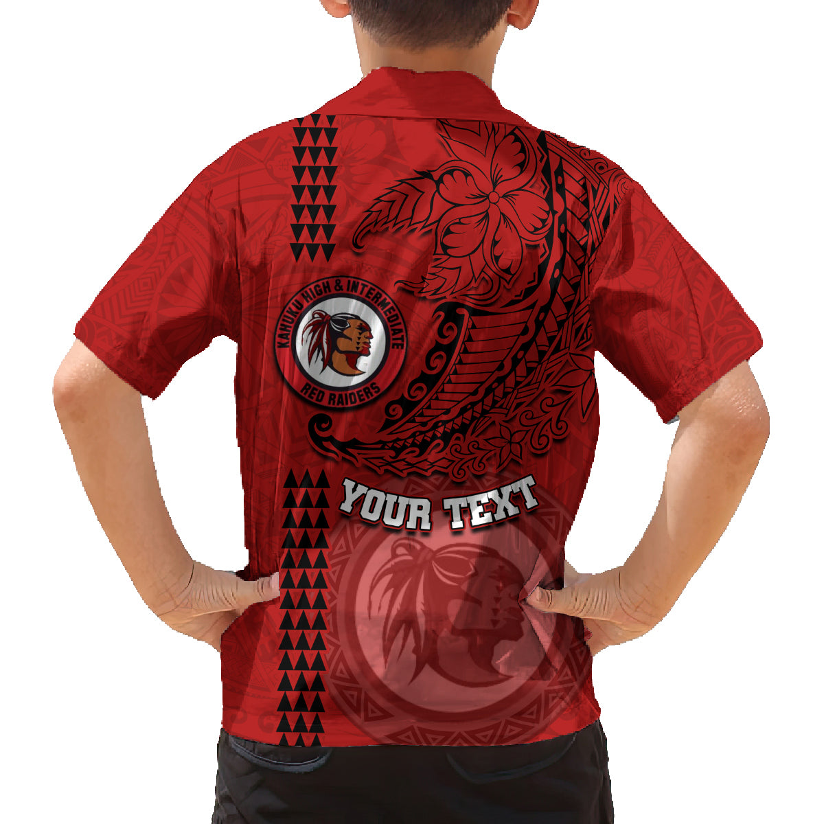 Hawaii Kahuku High & Intermediate School Family Matching Off Shoulder Short Dress and Hawaiian Shirt Tribal Kakau Pattern LT03 - Polynesian Pride