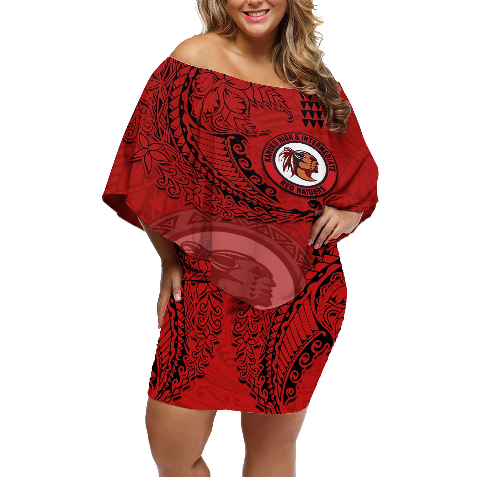 Hawaii Kahuku High & Intermediate School Off Shoulder Short Dress Tribal Kakau Pattern LT03 Women Red - Polynesian Pride