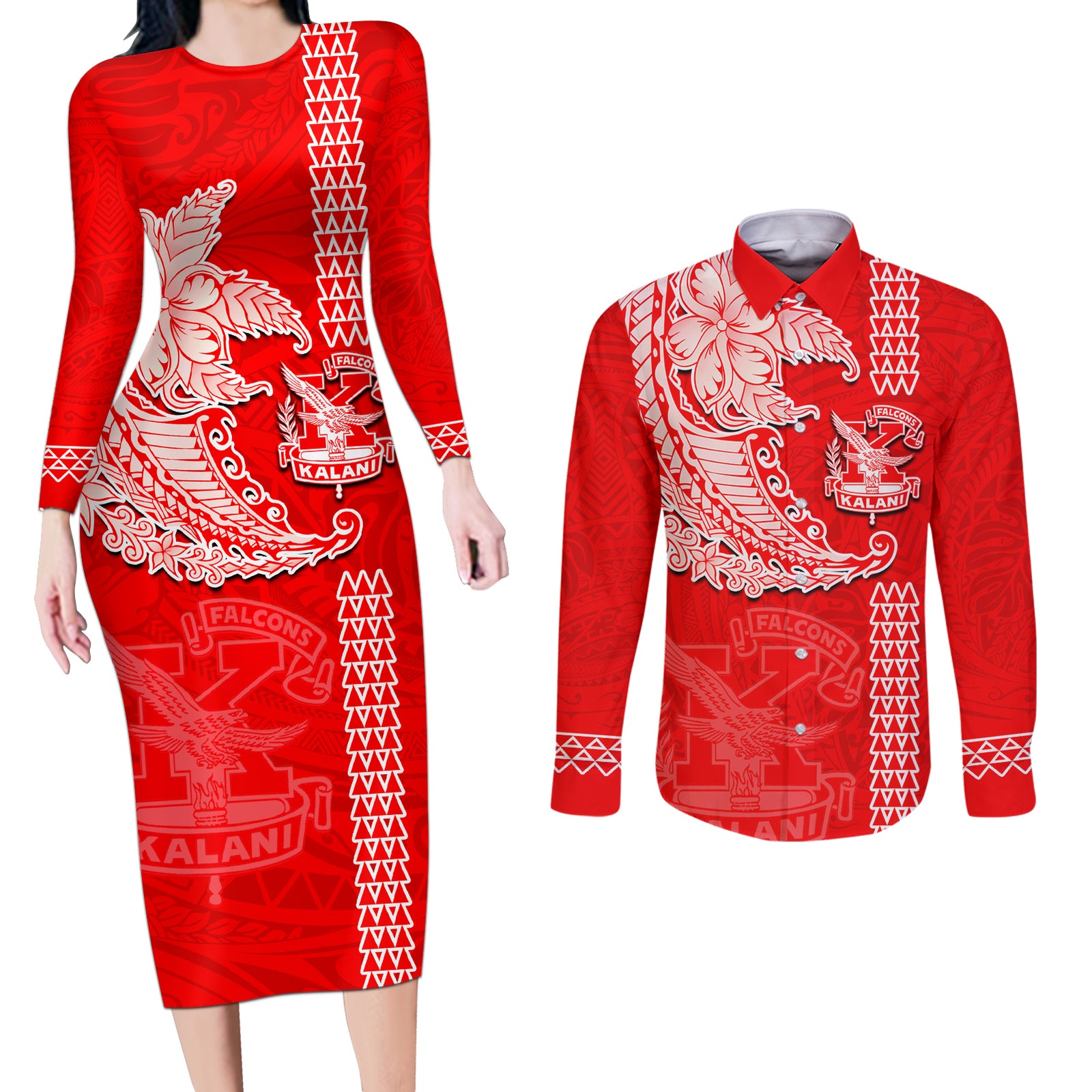 Hawaii Kalani High School Couples Matching Long Sleeve Bodycon Dress and Long Sleeve Button Shirt Tribal Kakau Pattern LT03 Red - Polynesian Pride