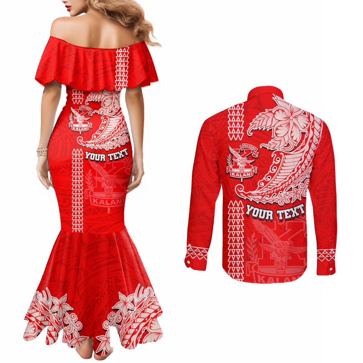 Hawaii Kalani High School Couples Matching Mermaid Dress and Long Sleeve Button Shirt Tribal Kakau Pattern LT03 - Polynesian Pride