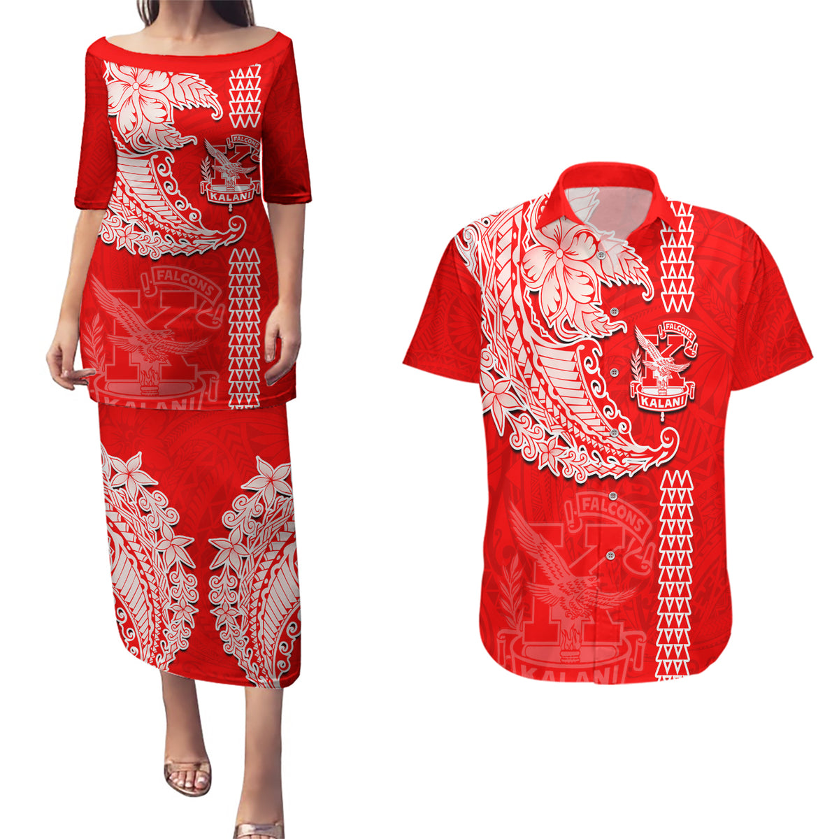 Hawaii Kalani High School Couples Matching Puletasi Dress and Hawaiian Shirt Tribal Kakau Pattern LT03 Red - Polynesian Pride