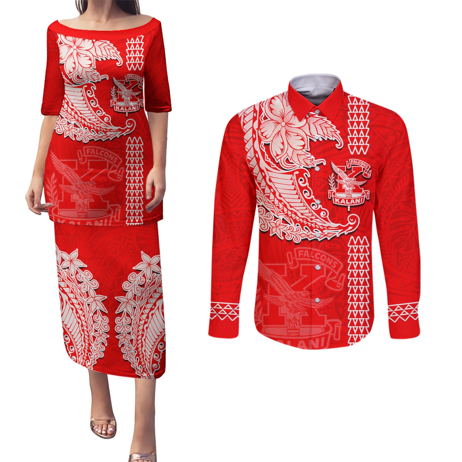 Hawaii Kalani High School Couples Matching Puletasi Dress and Long Sleeve Button Shirt Tribal Kakau Pattern LT03 Red - Polynesian Pride
