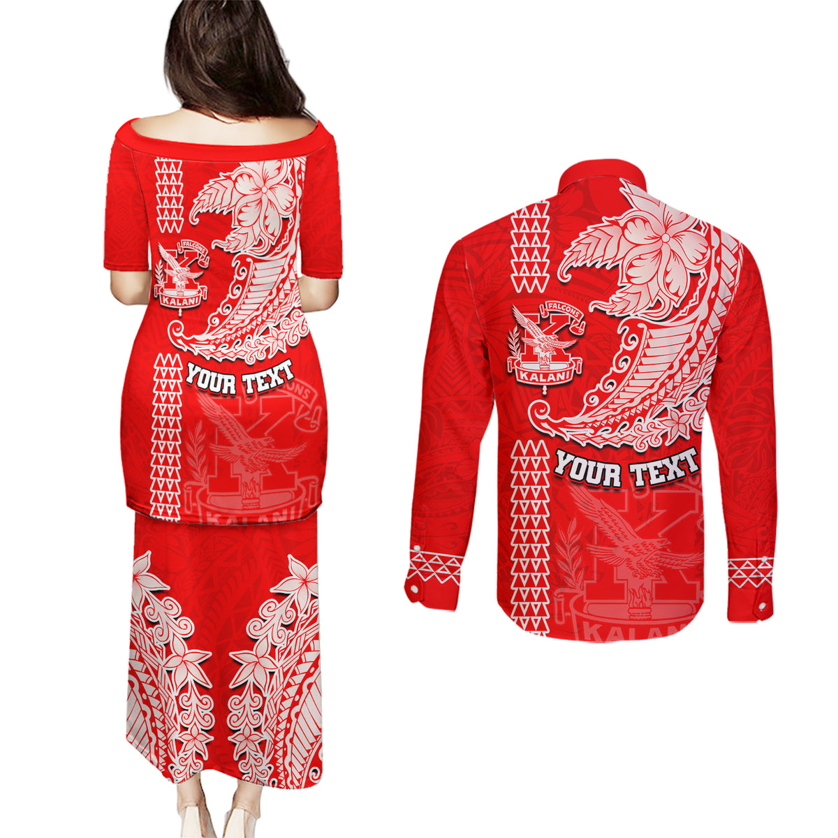 Hawaii Kalani High School Couples Matching Puletasi Dress and Long Sleeve Button Shirt Tribal Kakau Pattern LT03 - Polynesian Pride