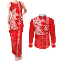 Hawaii Kalani High School Couples Matching Tank Maxi Dress and Long Sleeve Button Shirt Tribal Kakau Pattern LT03 Red - Polynesian Pride