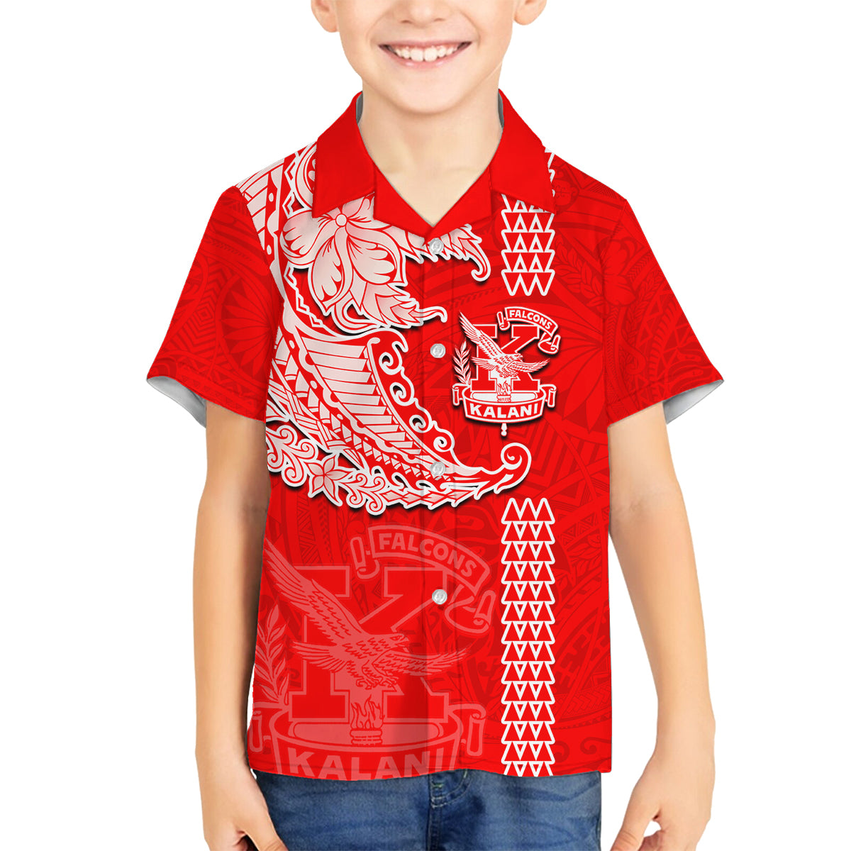 Hawaii Kalani High School Family Matching Puletasi Dress and Hawaiian Shirt Tribal Kakau Pattern LT03 Son's Shirt Red - Polynesian Pride