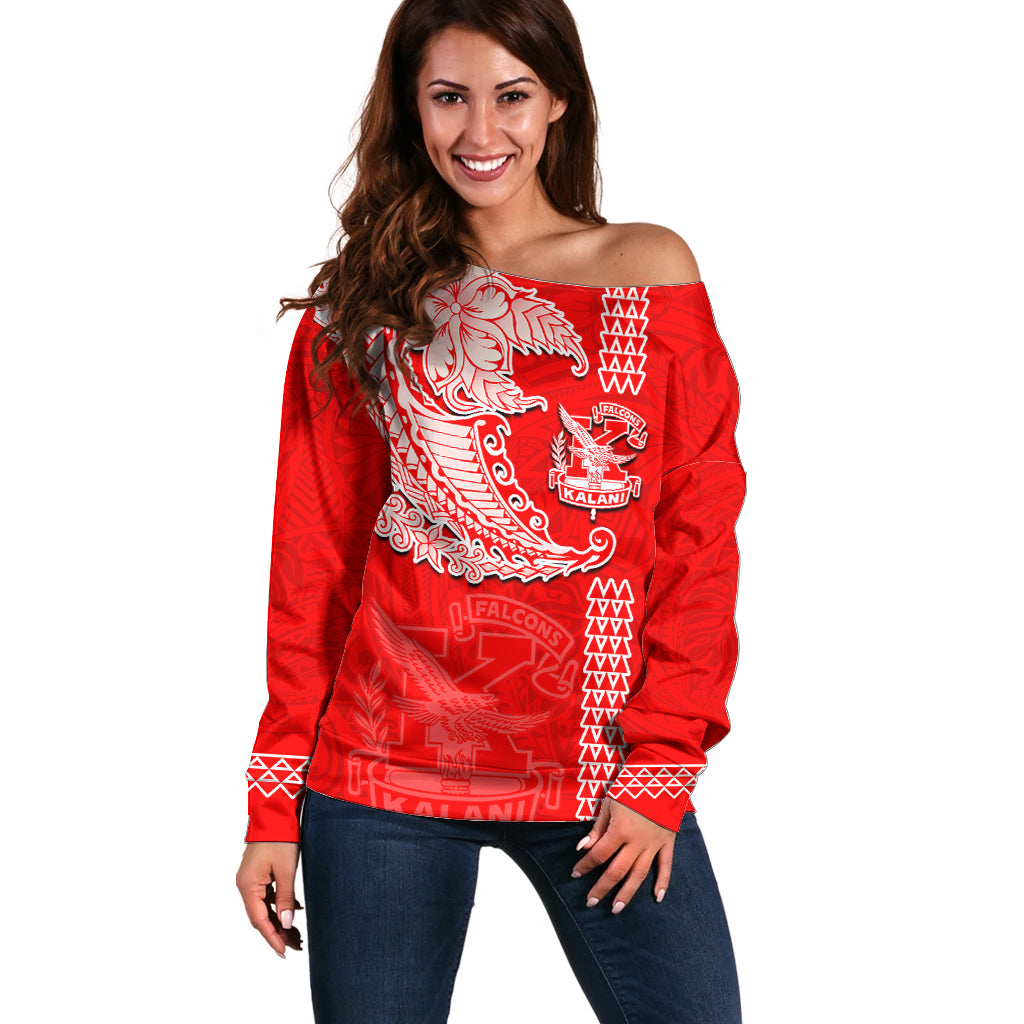 Hawaii Kalani High School Off Shoulder Sweater Tribal Kakau Pattern LT03 Women Red - Polynesian Pride