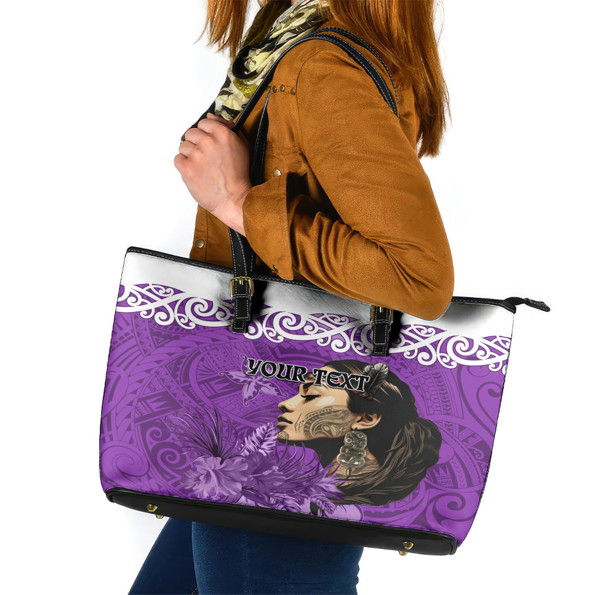 Custom New Zealand Womens Day Leather Tote Bag Traditional Maori Woman Polynesian Pattern Purple Color LT03 Purple - Polynesian Pride