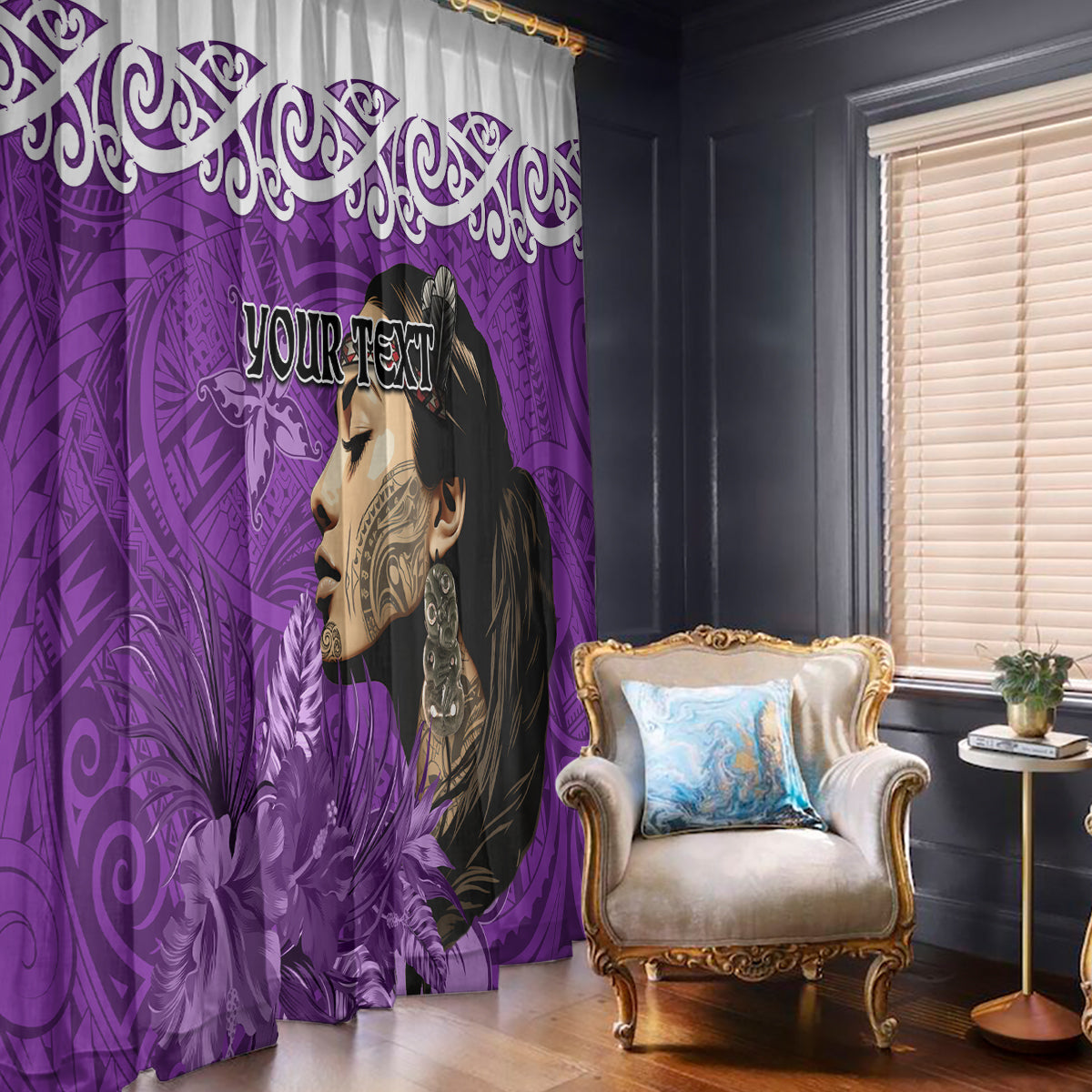Custom New Zealand Womens Day Window Curtain Traditional Maori Woman Polynesian Pattern Purple Color LT03 - Polynesian Pride