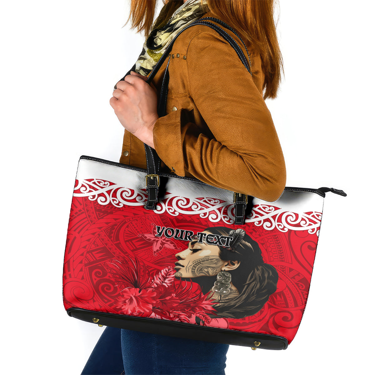 Custom New Zealand Womens Day Leather Tote Bag Traditional Maori Woman Polynesian Pattern Red Color LT03 Red - Polynesian Pride