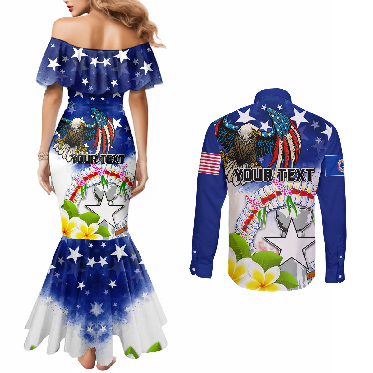 Custom Northern Mariana Islands Commonwealth Covenant Day Couples Matching Mermaid Dress and Long Sleeve Button Shirt Plumeria Flower Splash Style LT03 - Polynesian Pride