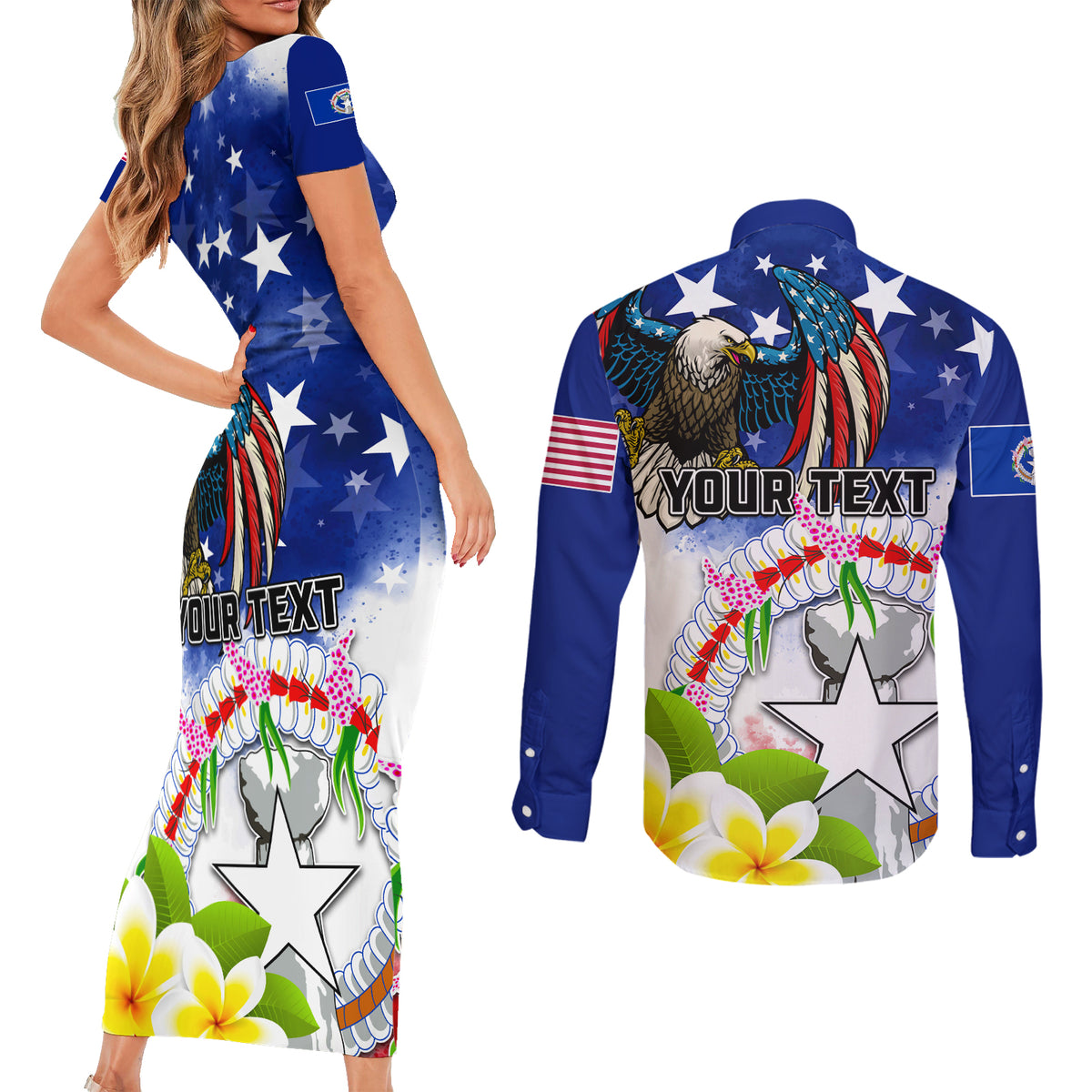 Custom Northern Mariana Islands Commonwealth Covenant Day Couples Matching Short Sleeve Bodycon Dress and Long Sleeve Button Shirt Plumeria Flower Splash Style LT03 - Polynesian Pride