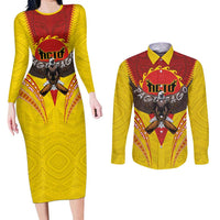 American Samoa Fautasi Race Couples Matching Long Sleeve Bodycon Dress and Long Sleeve Button Shirt Pago Pago-Aeto Samoan Tattoo and Eagle LT03 Yellow - Polynesian Pride