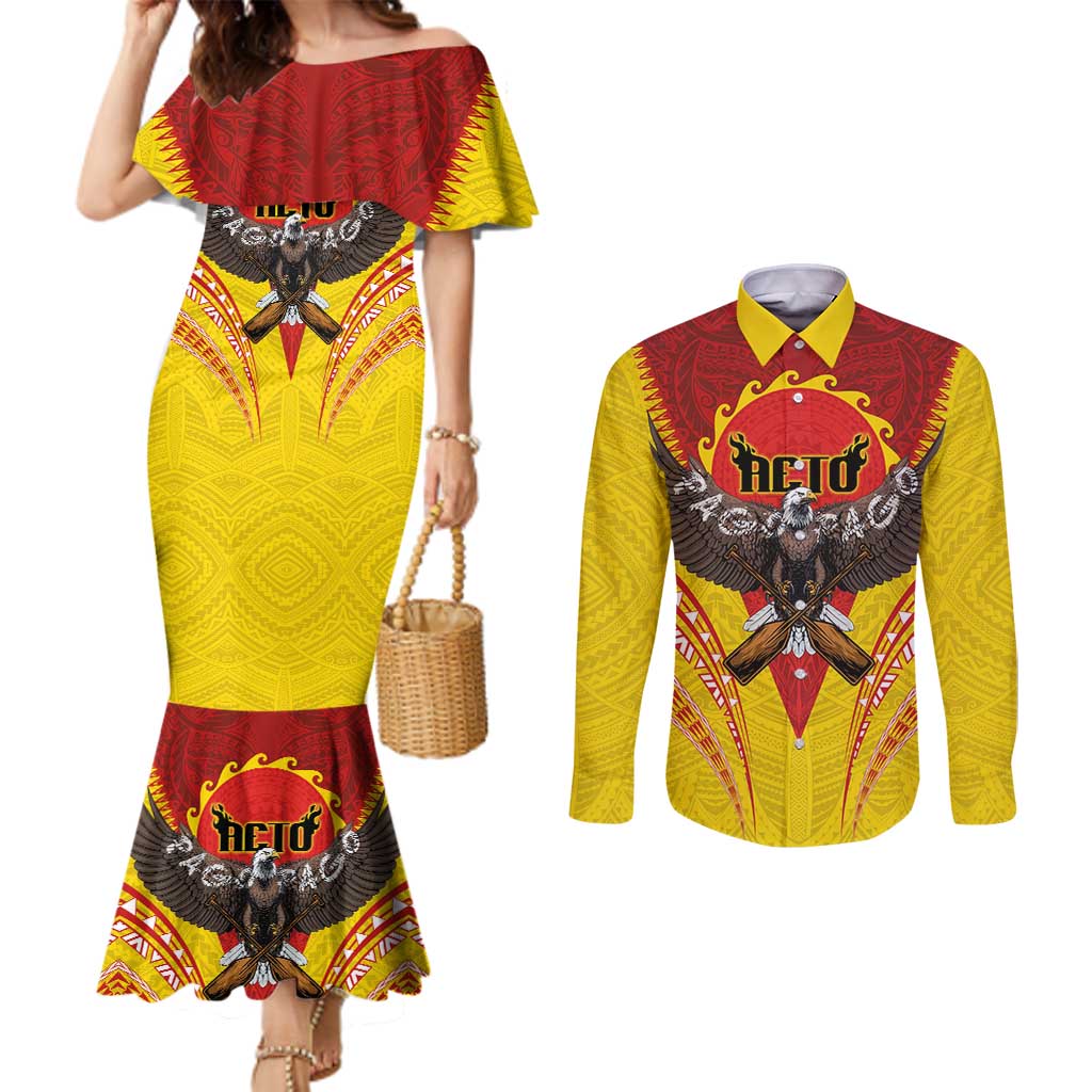 American Samoa Fautasi Race Couples Matching Mermaid Dress and Long Sleeve Button Shirt Pago Pago-Aeto Samoan Tattoo and Eagle LT03 Yellow - Polynesian Pride