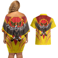 American Samoa Fautasi Race Couples Matching Off Shoulder Short Dress and Hawaiian Shirt Pago Pago-Aeto Samoan Tattoo and Eagle LT03 - Polynesian Pride