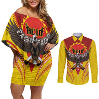 American Samoa Fautasi Race Couples Matching Off Shoulder Short Dress and Long Sleeve Button Shirt Pago Pago-Aeto Samoan Tattoo and Eagle