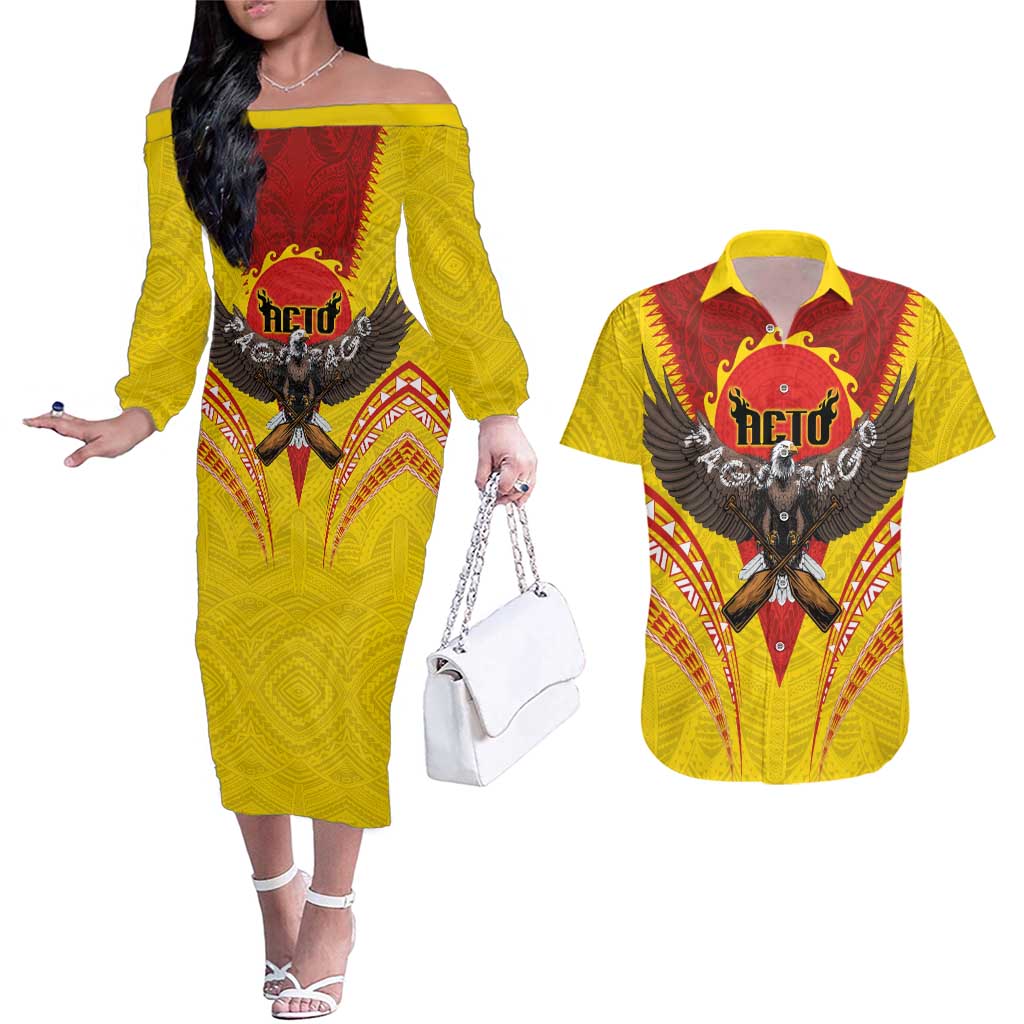 American Samoa Fautasi Race Couples Matching Off The Shoulder Long Sleeve Dress and Hawaiian Shirt Pago Pago-Aeto Samoan Tattoo and Eagle LT03 Yellow - Polynesian Pride