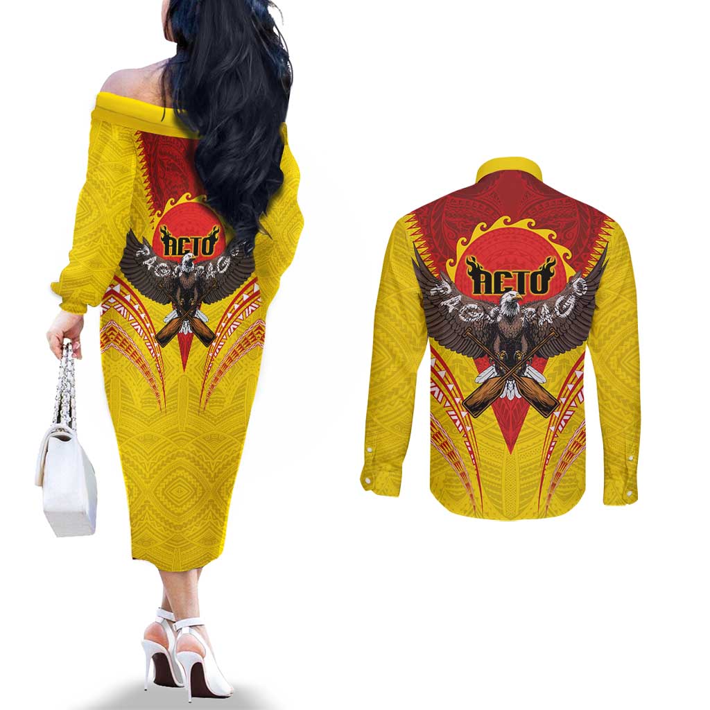 American Samoa Fautasi Race Couples Matching Off The Shoulder Long Sleeve Dress and Long Sleeve Button Shirt Pago Pago-Aeto Samoan Tattoo and Eagle LT03 - Polynesian Pride