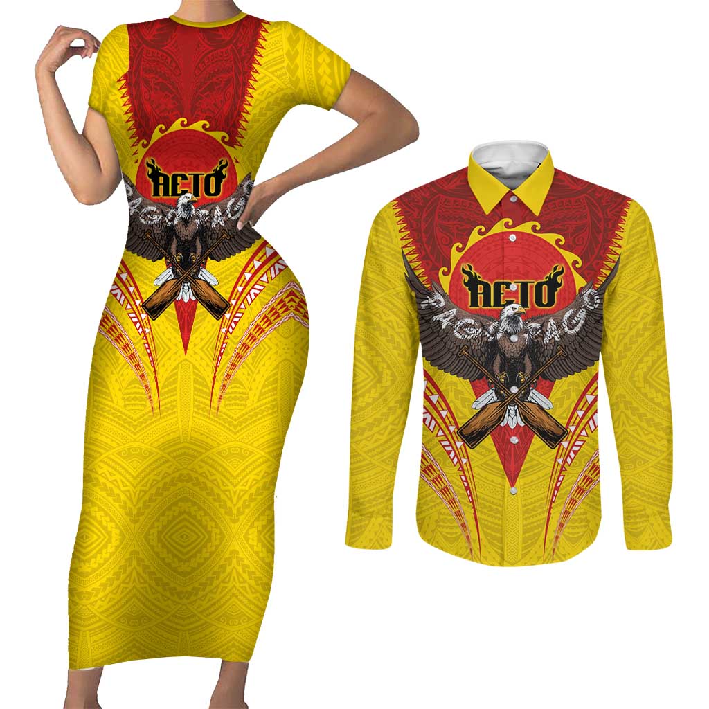 American Samoa Fautasi Race Couples Matching Short Sleeve Bodycon Dress and Long Sleeve Button Shirt Pago Pago-Aeto Samoan Tattoo and Eagle