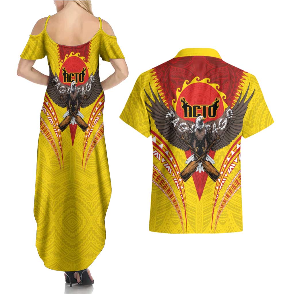 American Samoa Fautasi Race Couples Matching Summer Maxi Dress and Hawaiian Shirt Pago Pago-Aeto Samoan Tattoo and Eagle LT03 - Polynesian Pride