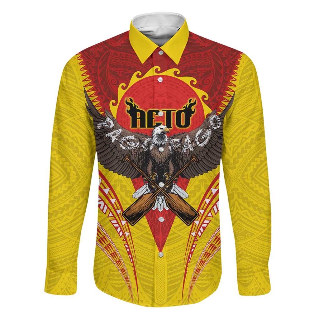 American Samoa Fautasi Race Family Matching Mermaid Dress and Hawaiian Shirt Pago Pago-Aeto Samoan Tattoo and Eagle LT03 Dad's Shirt - Long Sleeve Yellow - Polynesian Pride