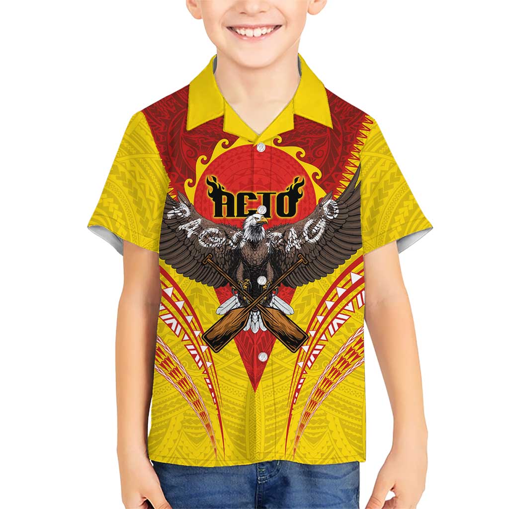 American Samoa Fautasi Race Family Matching Off Shoulder Maxi Dress and Hawaiian Shirt Pago Pago-Aeto Samoan Tattoo and Eagle LT03 Son's Shirt Yellow - Polynesian Pride