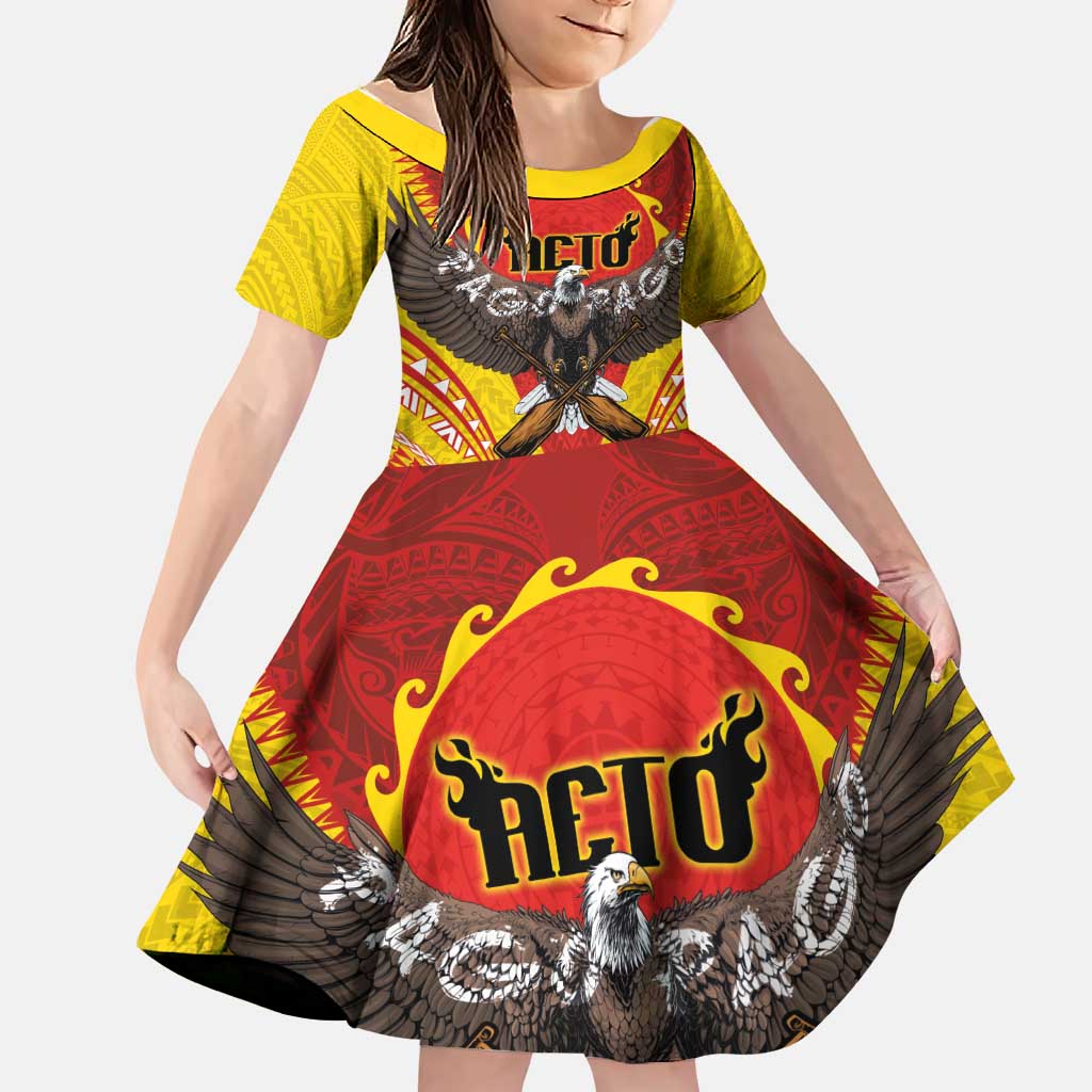 American Samoa Fautasi Race Family Matching Off Shoulder Short Dress and Hawaiian Shirt Pago Pago-Aeto Samoan Tattoo and Eagle LT03 Daughter's Dress Yellow - Polynesian Pride