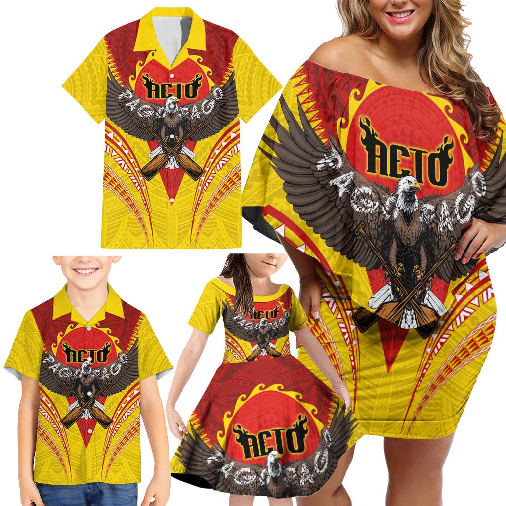 American Samoa Fautasi Race Family Matching Off Shoulder Short Dress and Hawaiian Shirt Pago Pago-Aeto Samoan Tattoo and Eagle LT03 - Polynesian Pride