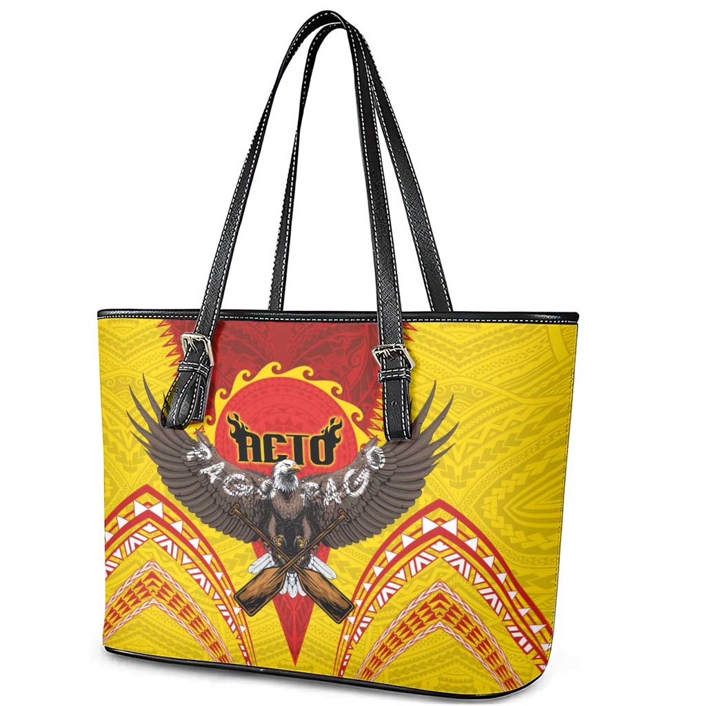American Samoa Fautasi Race Leather Tote Bag Pago Pago-Aeto Samoan Tattoo and Eagle