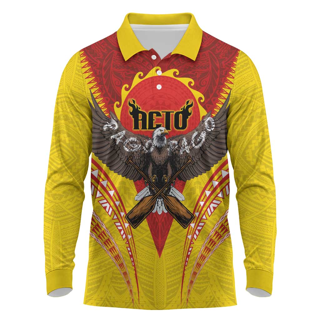 American Samoa Fautasi Race Long Sleeve Polo Shirt Pago Pago-Aeto Samoan Tattoo and Eagle