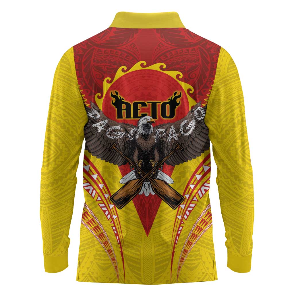American Samoa Fautasi Race Long Sleeve Polo Shirt Pago Pago-Aeto Samoan Tattoo and Eagle