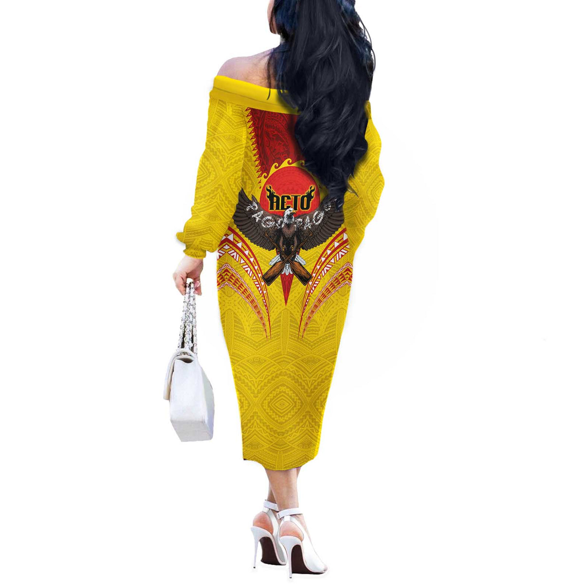 American Samoa Fautasi Race Off The Shoulder Long Sleeve Dress Pago Pago-Aeto Samoan Tattoo and Eagle