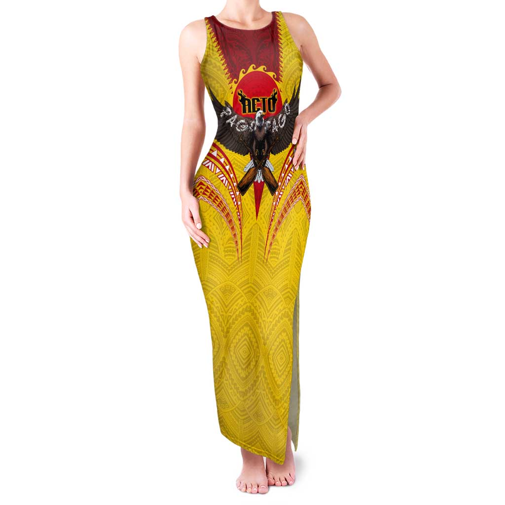 American Samoa Fautasi Race Tank Maxi Dress Pago Pago-Aeto Samoan Tattoo and Eagle LT03 Women Yellow - Polynesian Pride