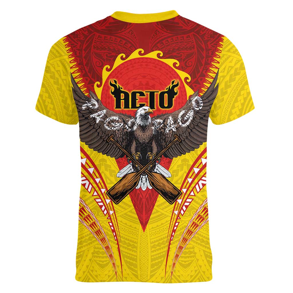 American Samoa Fautasi Race Women V-Neck T-Shirt Pago Pago-Aeto Samoan Tattoo and Eagle