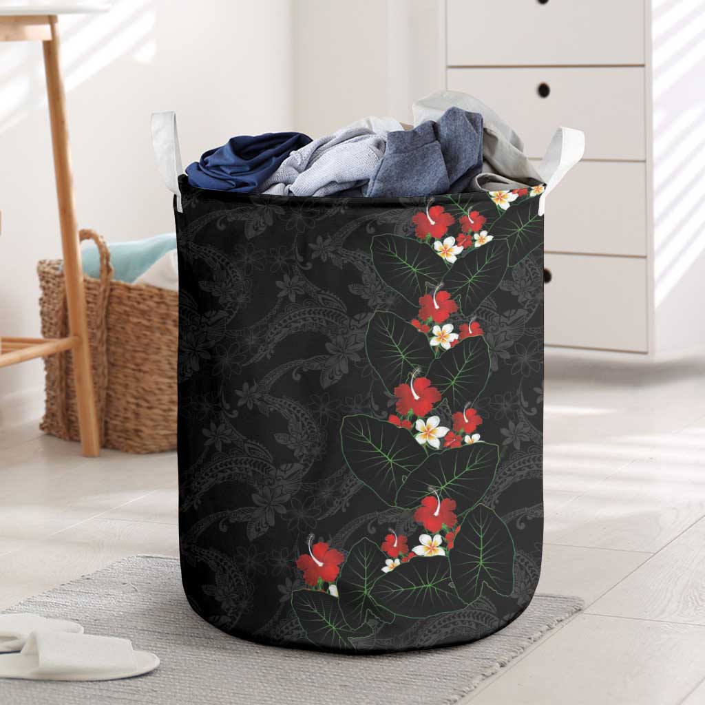 Hawaiian Taro Leaves-Hibiscus and Plumeria Laundry Basket Floral Tribal Tattoo Motif
