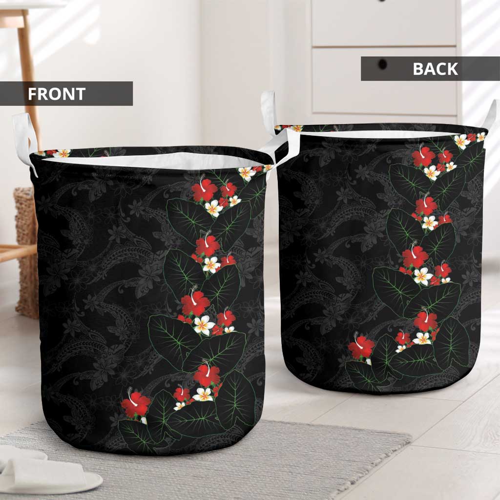 Hawaiian Taro Leaves-Hibiscus and Plumeria Laundry Basket Floral Tribal Tattoo Motif LT03 - Polynesian Pride
