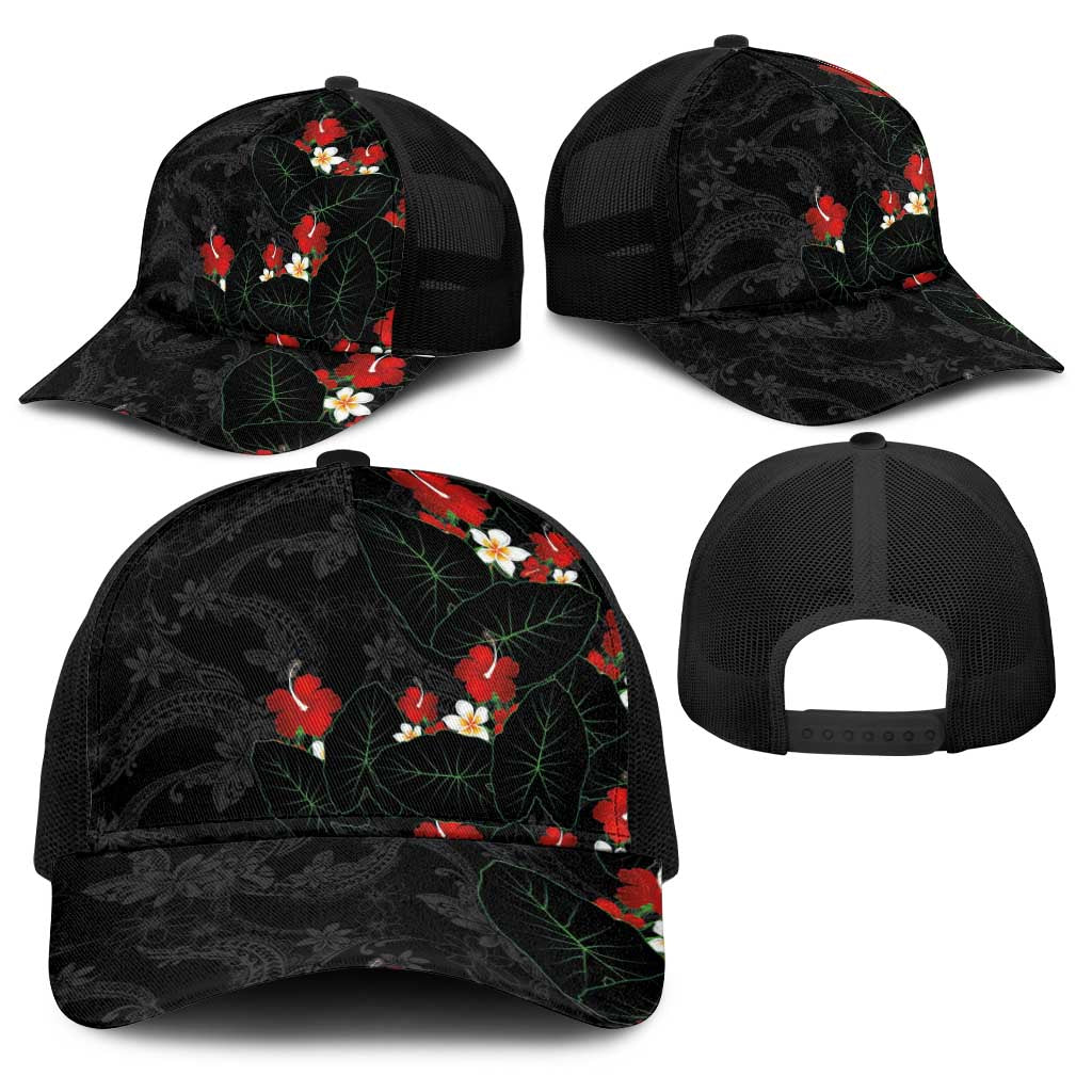 Hawaiian Taro Leaves-Hibiscus and Plumeria Baseball Net Cap Floral Tribal Tattoo Motif