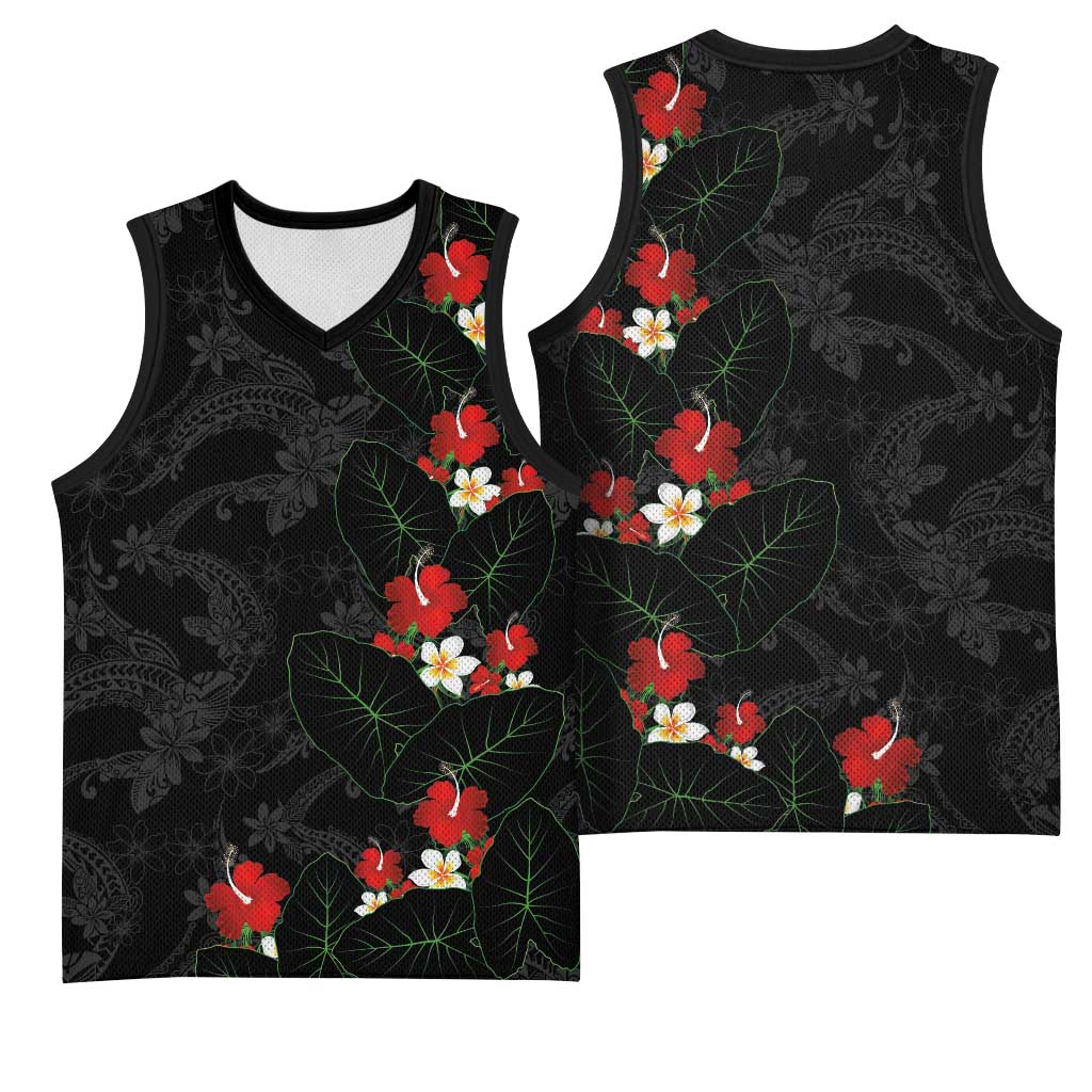 Hawaiian Taro Leaves-Hibiscus and Plumeria Basketball Jersey Floral Tribal Tattoo Motif LT03 - Polynesian Pride