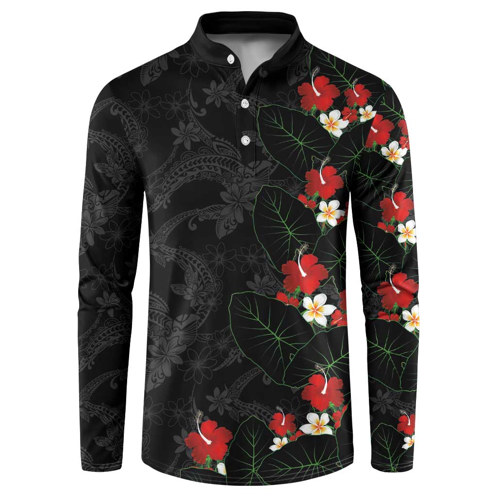 Hawaiian Taro Leaves-Hibiscus and Plumeria Button Sweatshirt Floral Tribal Tattoo Motif