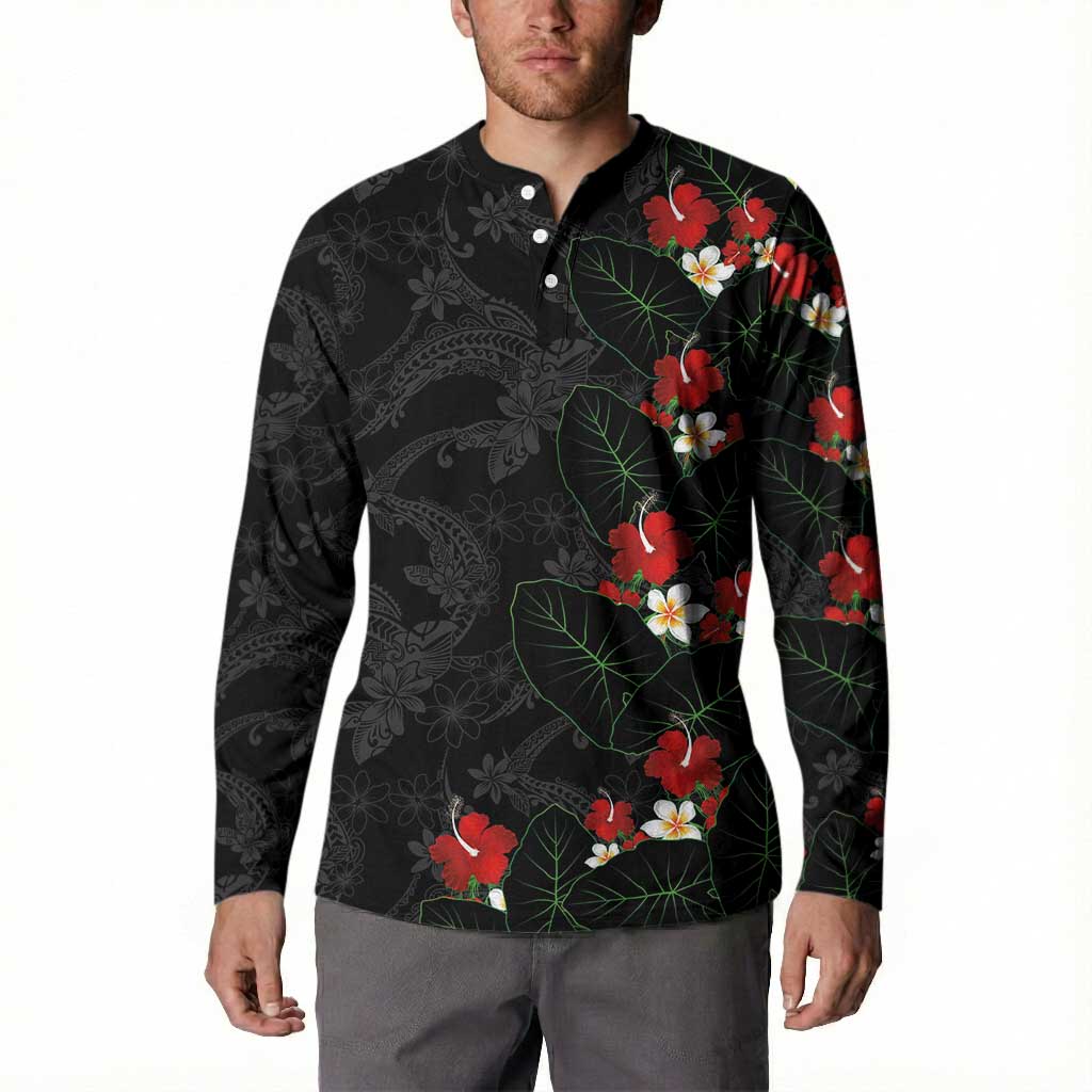 Hawaiian Taro Leaves-Hibiscus and Plumeria Button Sweatshirt Floral Tribal Tattoo Motif