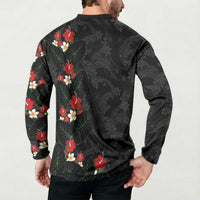 Hawaiian Taro Leaves-Hibiscus and Plumeria Button Sweatshirt Floral Tribal Tattoo Motif