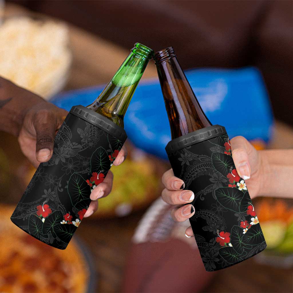 Hawaiian Taro Leaves-Hibiscus and Plumeria 4 in 1 Can Cooler Tumbler Floral Tribal Tattoo Motif LT03 - Polynesian Pride